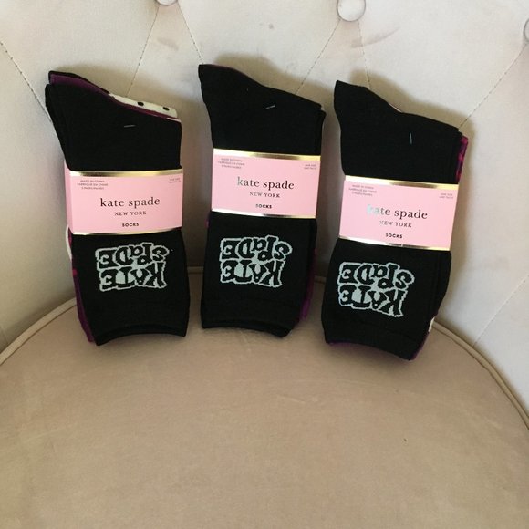 kate spade set of 3 pairs crew socks black pink purple white nwt - Picture 1 of 6